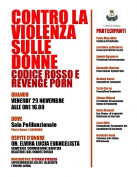 Tutti insieme contro la violenza sulle donne: venerdì 29 Novembre alle ore 16 in sala polifunzionale un incontro pubblico su &quot;Codice Rosso&quot; e &quot;Revenge Porn&quot;