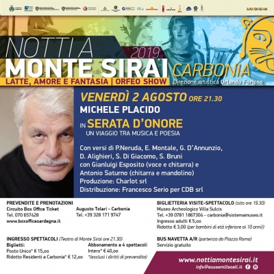 Michele Placido  stasera alle 21.30 protagonista di “Serata d’Onore” nella splendida cornice dell’Anfiteatro di Monte Sirai